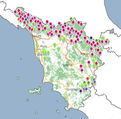 Mappa della Toscana con le informazioni relative ai contributi