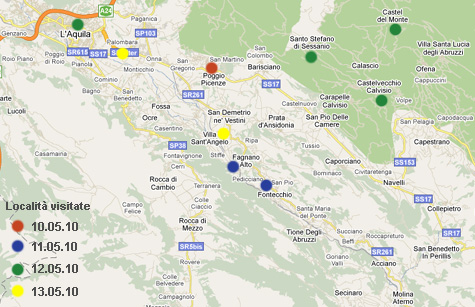 Mappa delle località oggetto dello stage di formazione in Abruzzo