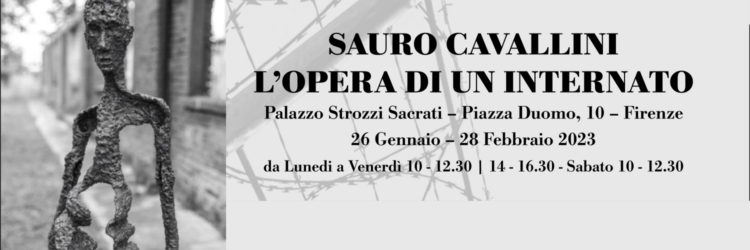 L'immagine dell'invito alla presentazione della mostra con a sinistra una sua scultura e a destra orario e luogo della presentazione