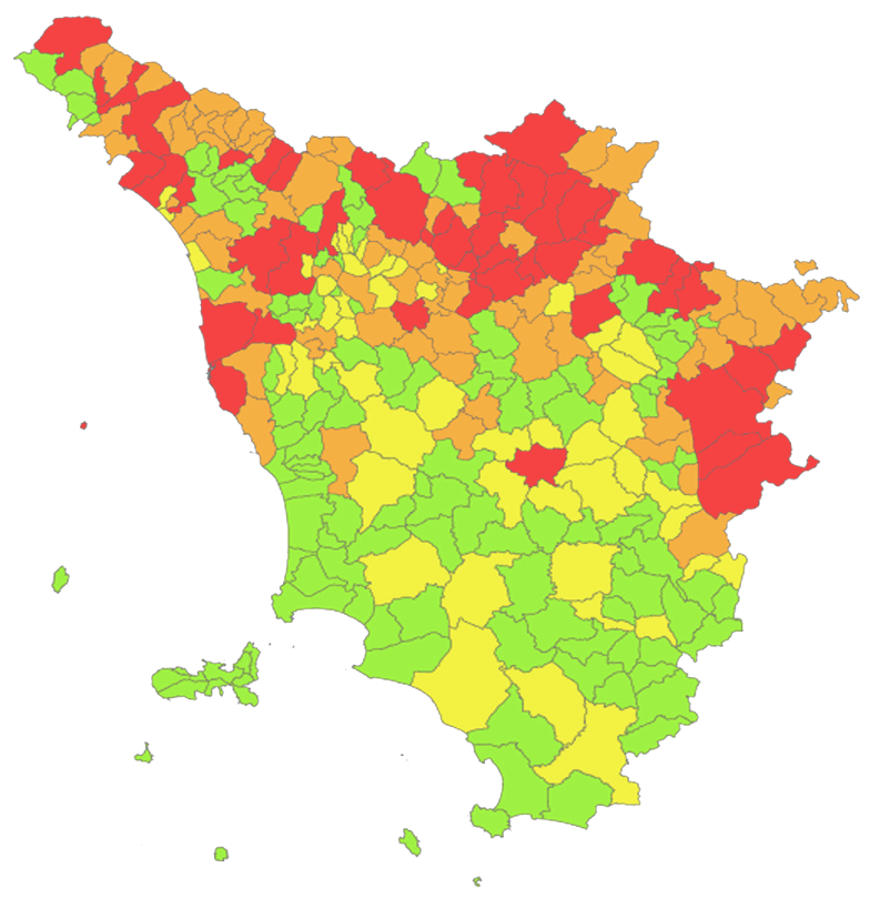 Mappa del rischio sismico in Toscana (livello 0)