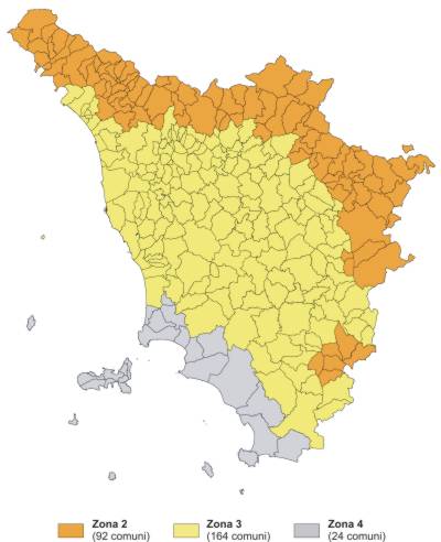 Mappa della classificazione sismica in Toscana