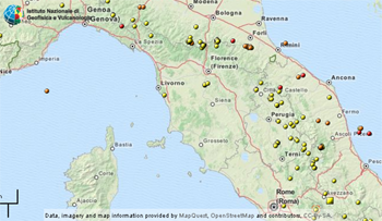 Mappa degli epicentri dei terremoti dal sito dell'INGV