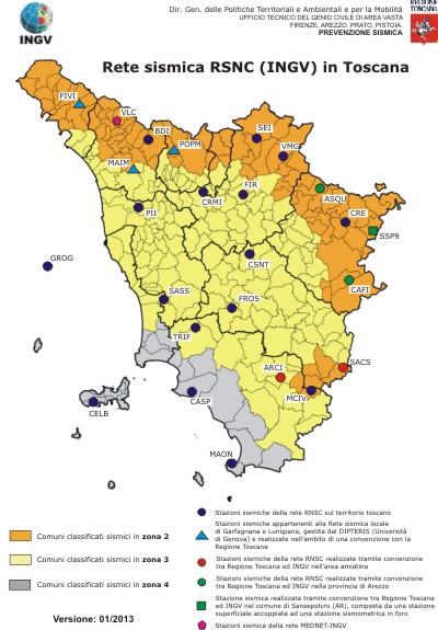 Mappa della rete sismica nazionale (INGV) in Toscana