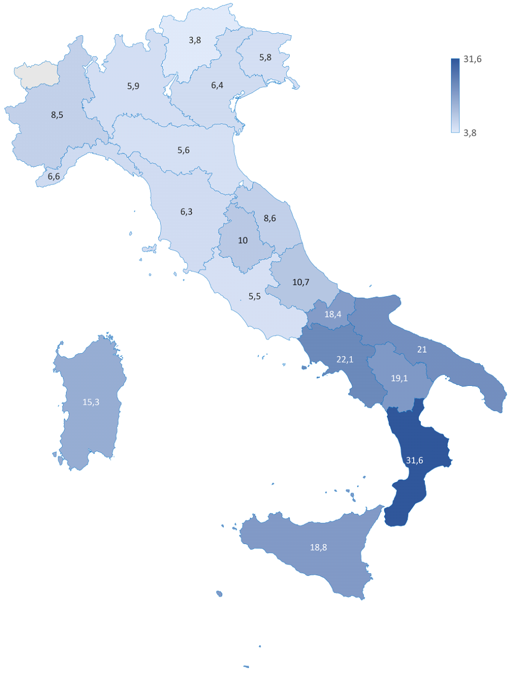 Rappresentazione grafica in forma di mappa dell'Italia con le regioni valorizzate dall'indicatore dell'Incidenza di povertà relativa nel 2022. Per i dati relativi al grafico andare alla Tabella accessibile presente sotto il titolo del grafico https://www.regione.toscana.it/documents/10180/12588189/Tabella+accessibile_incidenza_poverta_relativa+regioni+2022.htm/1f575093-ed7d-b451-0d63-49d162fa6a48?t=1698442916038