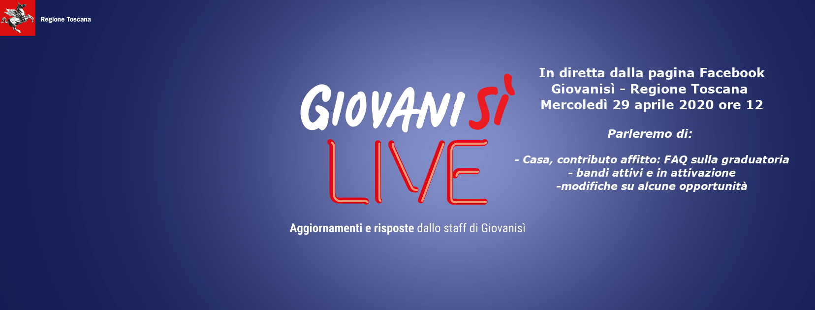 Giovanisì Live! Mercoledì 29 aprile diretta facebook sul contributo affitto