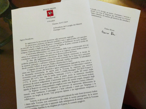 Autonomia, Rossi scrive a Conte: