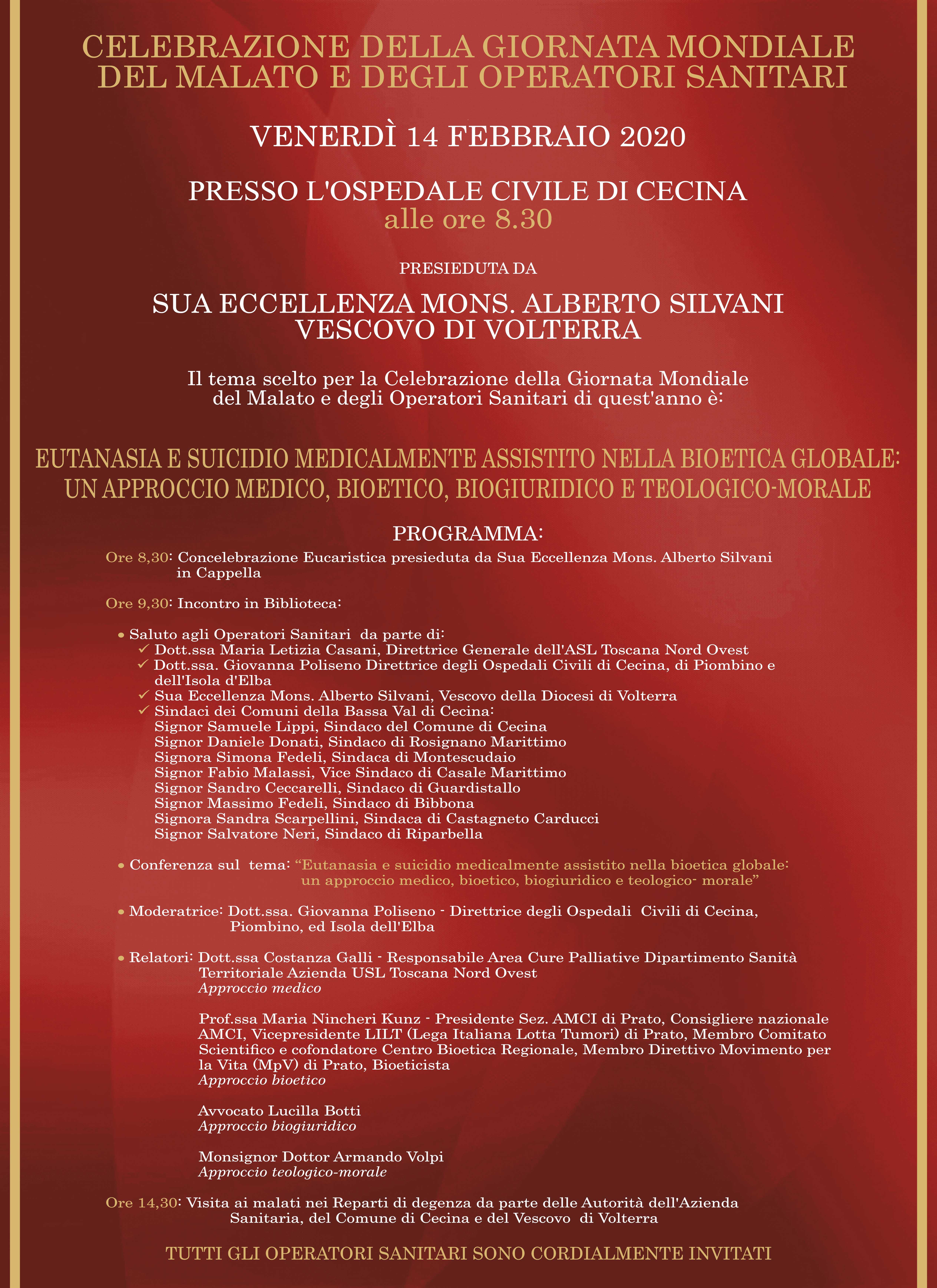 Giornata mondiale del malato, venerdì 14 febbraio a Cecina