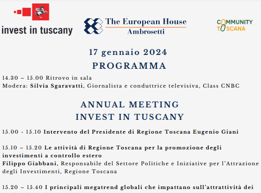 Annual Meeting Invest in Tuscany 2024, il 17 gennaio a Palazzo Borghese a Firenze