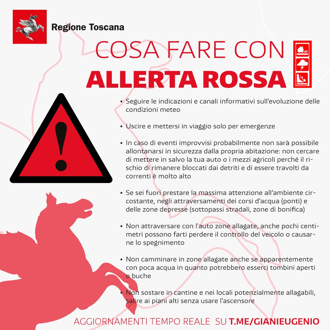Prudenza per allerta rossa. Piena Arno attesa nel pomeriggio a Firenze, in nottata a Pisa