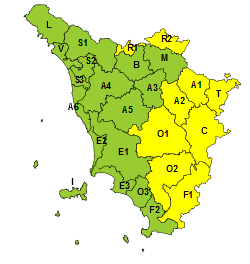 Codice giallo per piogge e temporali sulla Toscana orientale fino alle 21