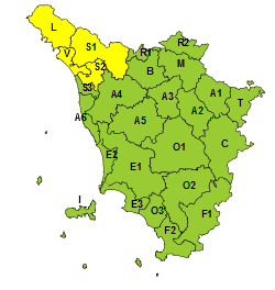 Codice giallo per piogge e temporali sul nord ovest della Toscana   