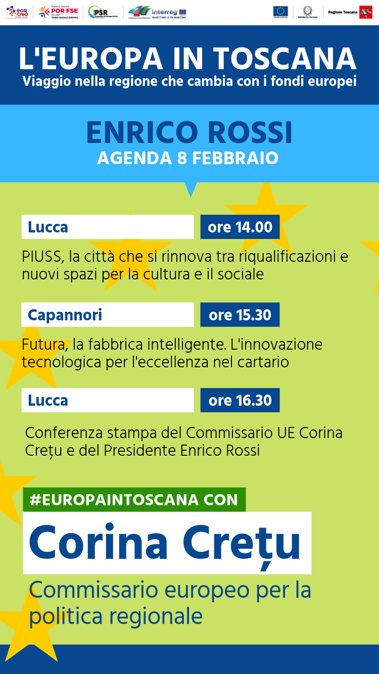 Europa in Toscana, Corina Cretu e Enrico Rossi oggi a Lucca