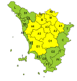 Codice giallo per temporali sulla Toscana centrale
