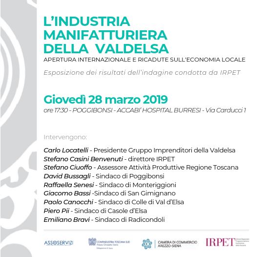 Economia, il 28 marzo Ciuoffo a presentazione ricerca Irpet sulla Valdelsa