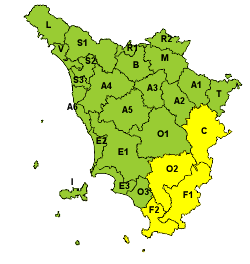 Maltempo, codice giallo per piogge fino alle 13 di domenica nel sud est della Toscana