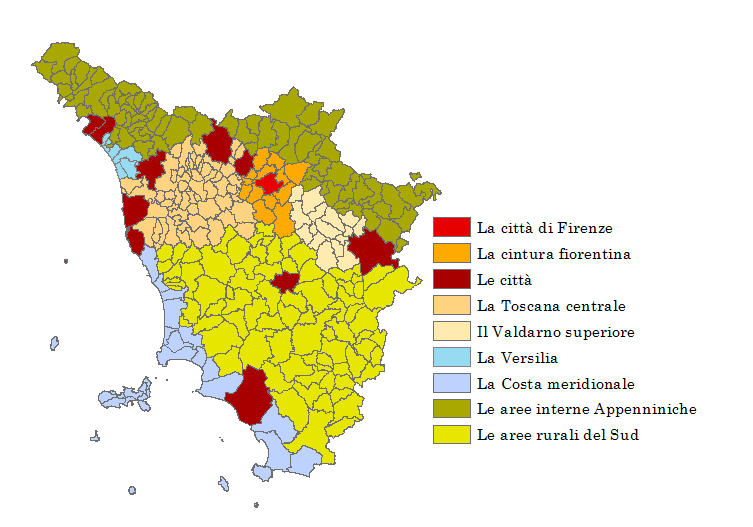 Classificazione dei comuni toscani per aree: mappa